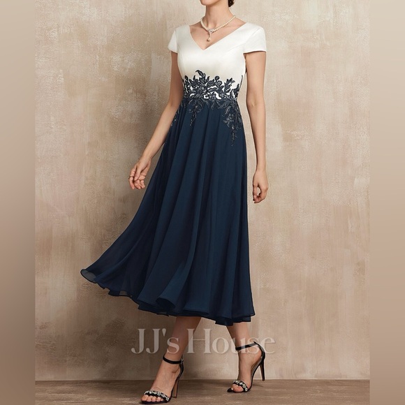 JJ’s House A-Line V-Neck Tea Length Satin Chiffon Mother Of The Bride Dress - Picture 2 of 9